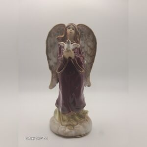 Vintage Glazed Ceramic Angel Holding Dove Flowing Robe Earth Tones